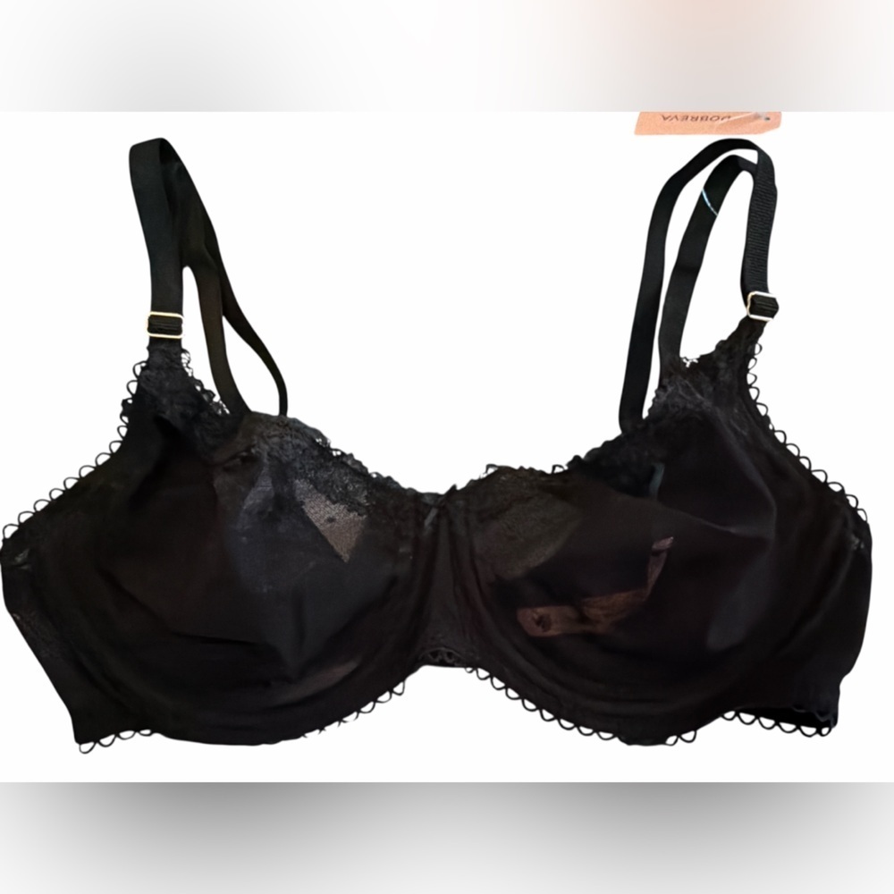 Dobreva Swiss Dot Sheer Black Lace Trim Bra 38C NWT
